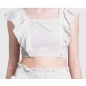 HT360 Collective Women's Ruffle Sleeve Cotton Crop Top White Open Back Size XL